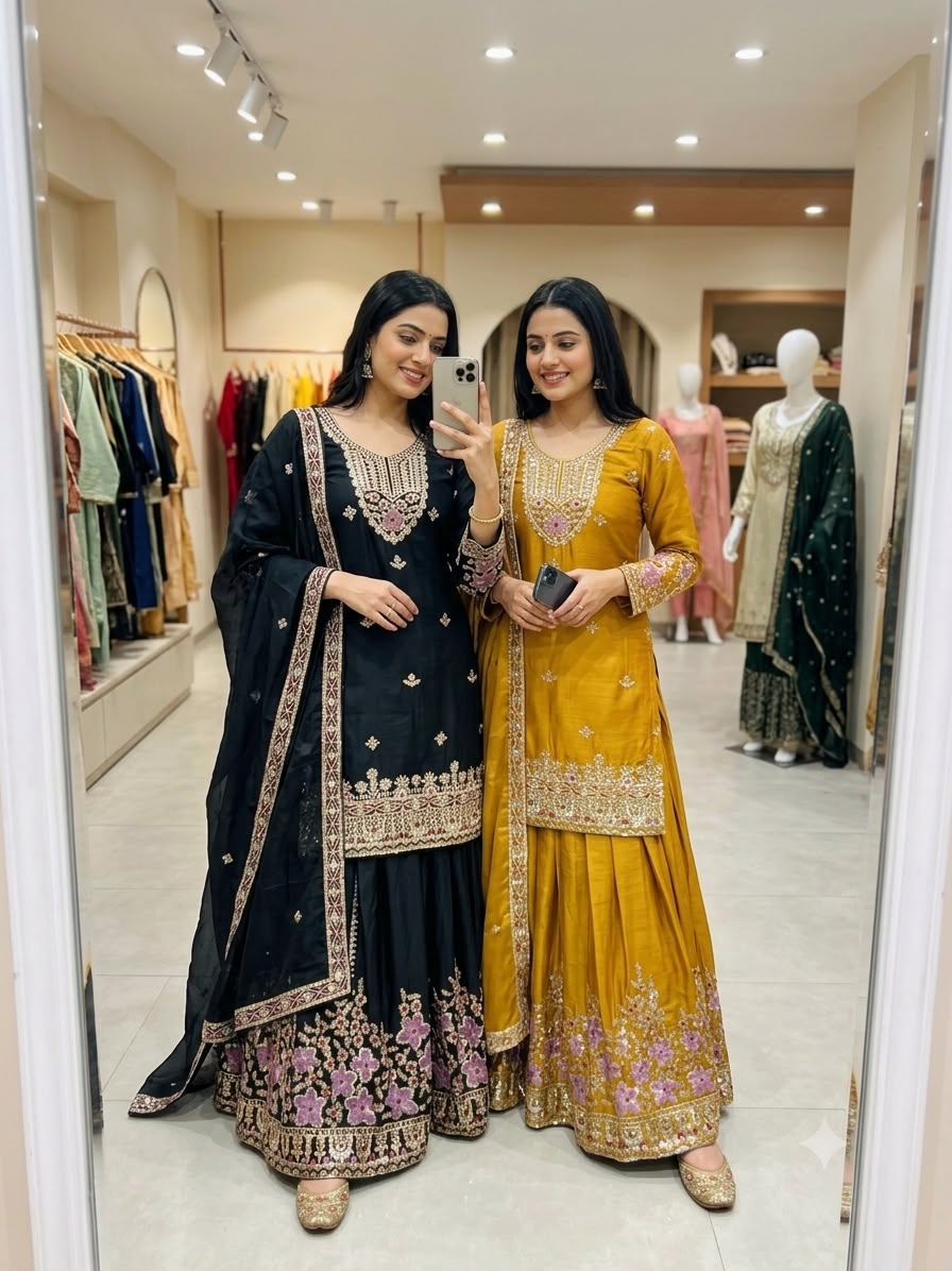 SM Trending Designer Party Wear: 3-Piece Chinon Silk Sharara Set