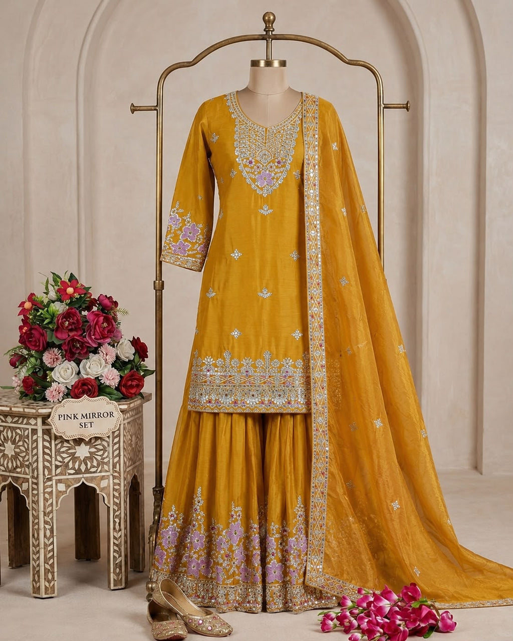 SM Trending Designer Party Wear: 3-Piece Chinon Silk Sharara Set