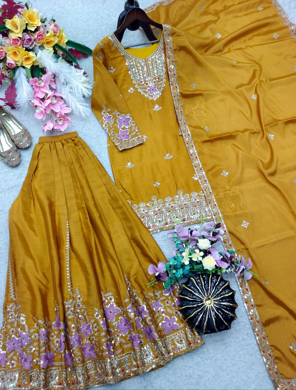 SM Trending Designer Party Wear: 3-Piece Chinon Silk Sharara Set
