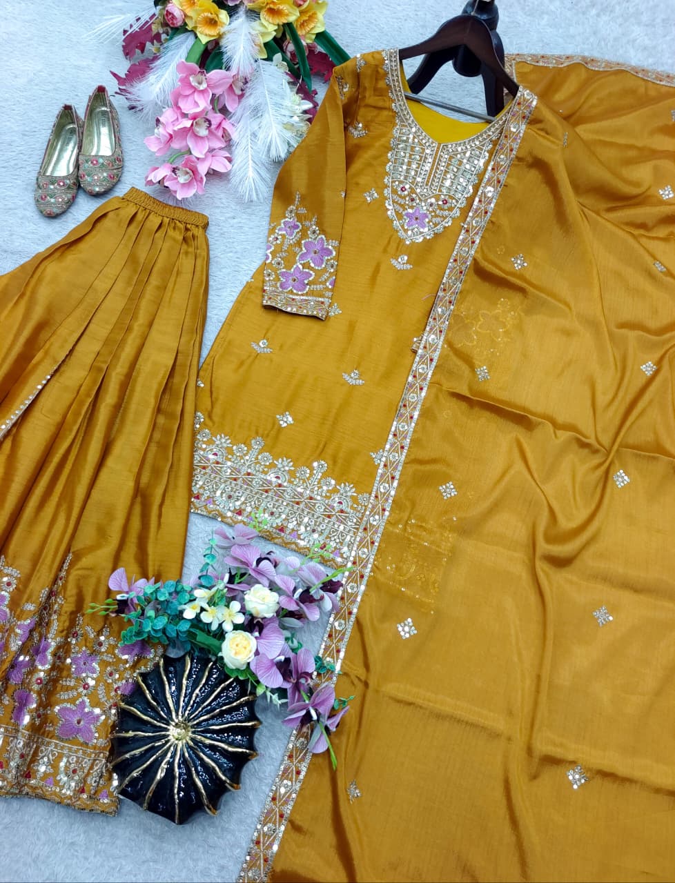 SM Trending Designer Party Wear: 3-Piece Chinon Silk Sharara Set