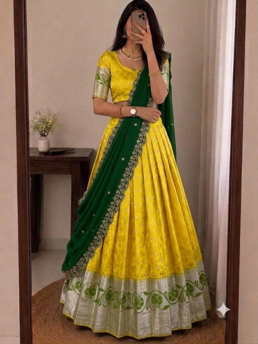 SM Kanjivaram Silk Zari Weaving South Style Lehenga Choli Set with Cutwork Dupatta