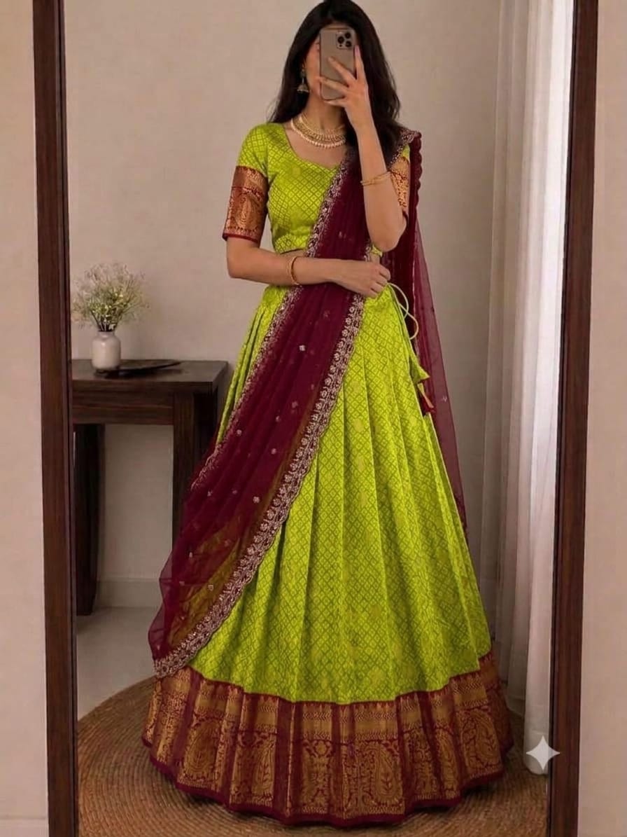 SM Kanjivaram Silk Zari Weaving South Style Lehenga Choli Set with Cutwork Dupatta