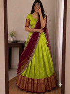 SM Kanjivaram Silk Zari Weaving South Style Lehenga Choli Set with Cutwork Dupatta