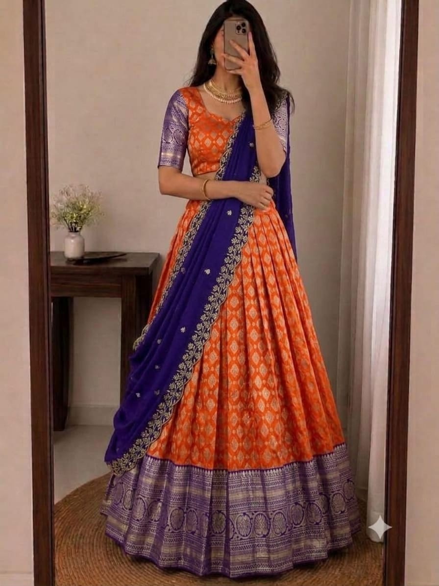 SM Kanjivaram Silk Zari Weaving South Style Lehenga Choli Set with Cutwork Dupatta