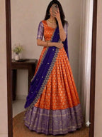 SM Kanjivaram Silk Zari Weaving South Style Lehenga Choli Set with Cutwork Dupatta