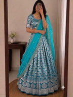 SM Kanjivaram Silk Zari Weaving South Style Lehenga Choli Set with Cutwork Dupatta