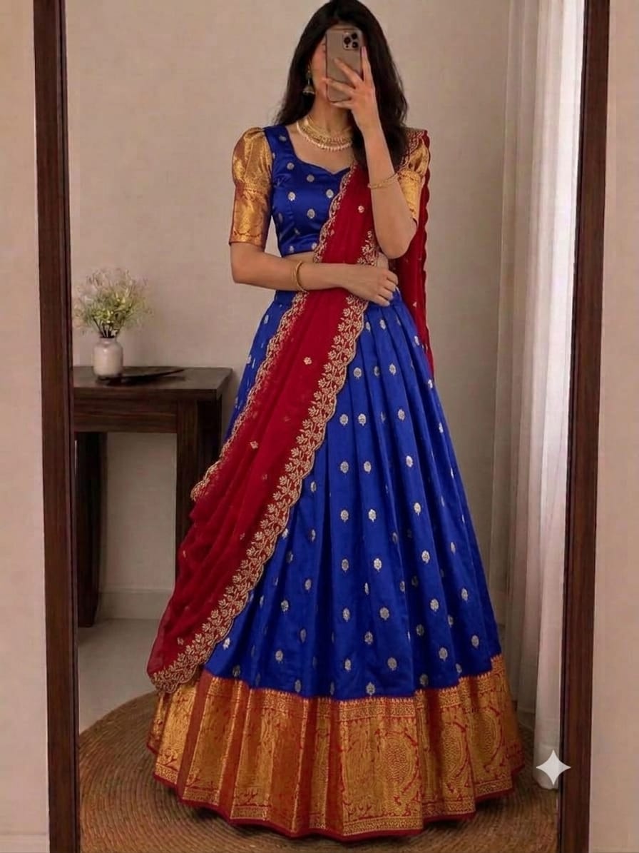 SM Kanjivaram Silk Zari Weaving South Style Lehenga Choli Set with Cutwork Dupatta