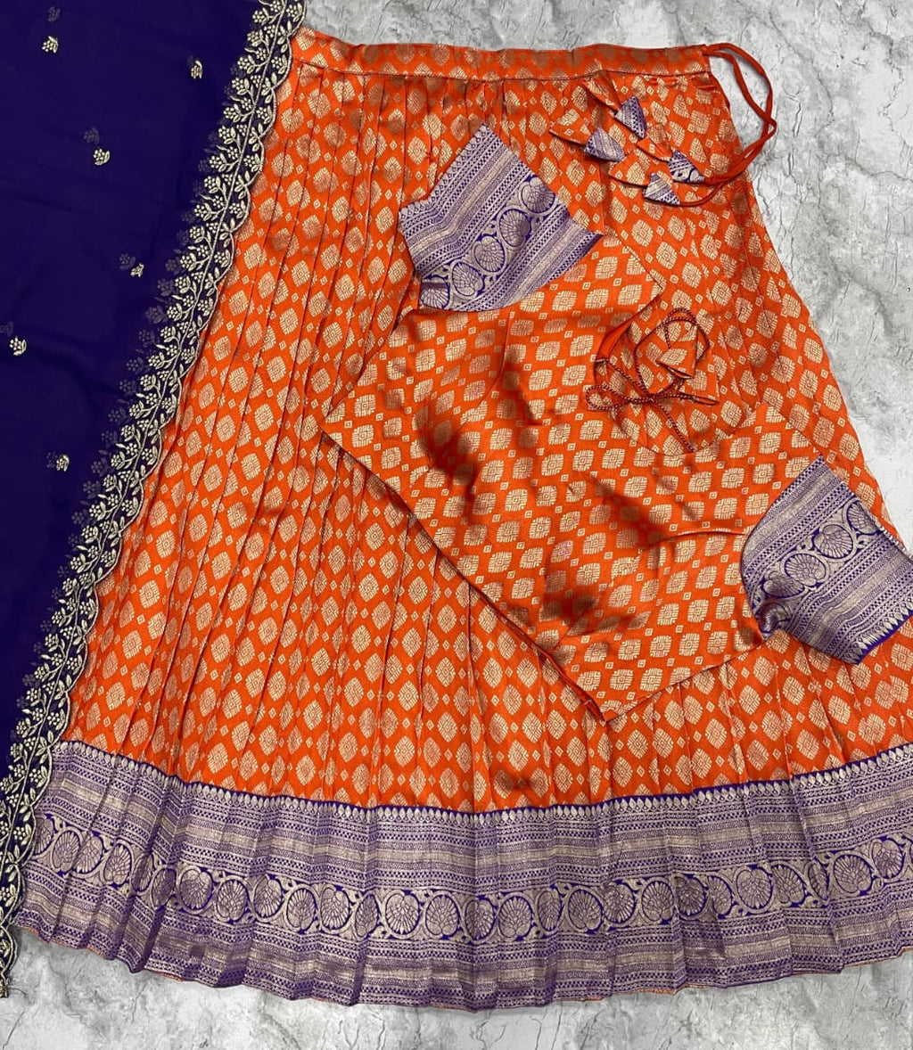 SM Kanjivaram Silk Zari Weaving South Style Lehenga Choli Set with Cutwork Dupatta