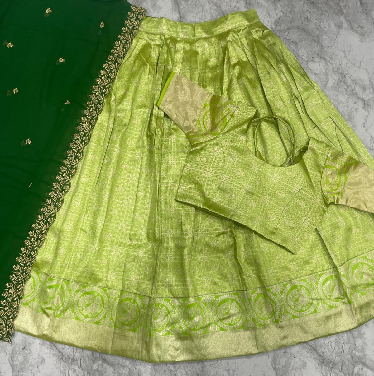 SM Kanjivaram Silk Zari Weaving South Style Lehenga Choli Set with Cutwork Dupatta