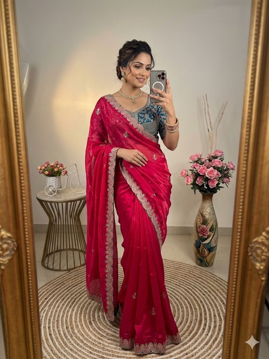 SM Designer Sequence and Thread Work Space Silk Festive Saree