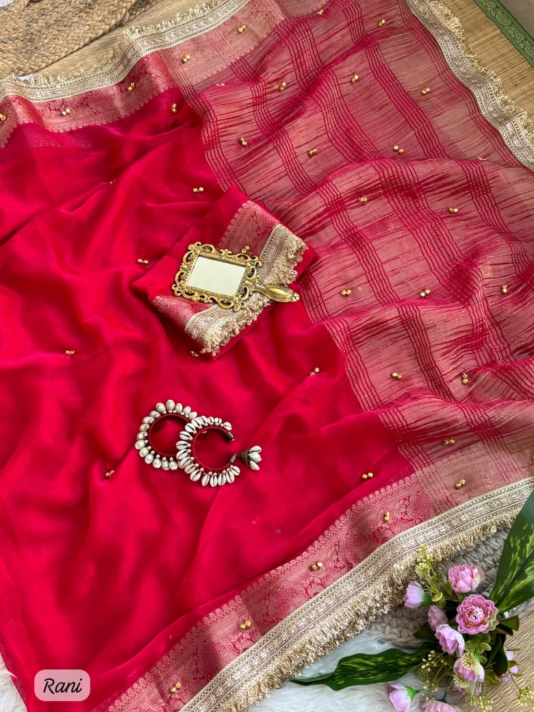 SM Designer Fendy Chiffon Party Wear Saree with Ghungroo Lace Work Blouse