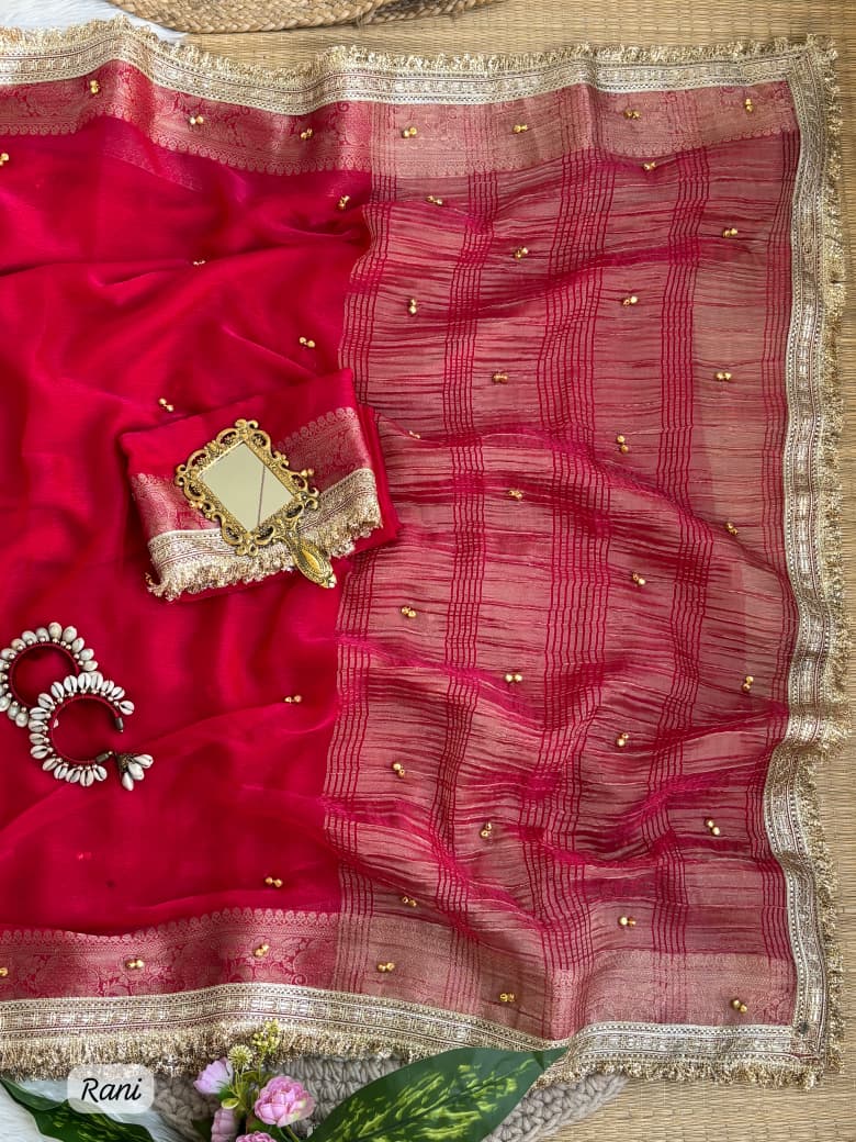SM Designer Fendy Chiffon Party Wear Saree with Ghungroo Lace Work Blouse
