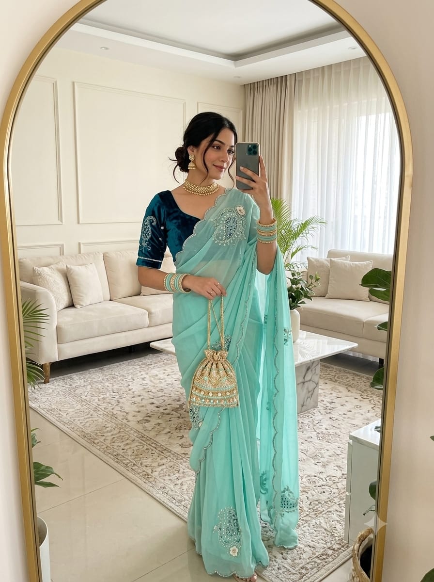 SM Maharani Pure Soft Shimmer Silk Saree with Hand Cutdana Moti Work and Velvet Blouse