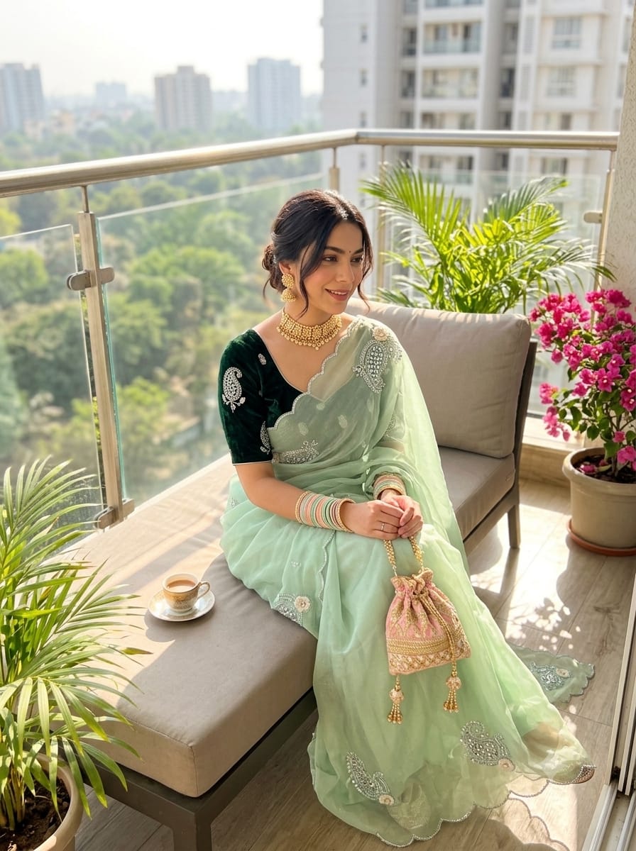 SM Maharani Pure Soft Shimmer Silk Saree with Hand Cutdana Moti Work and Velvet Blouse