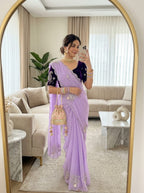 SM Maharani Pure Soft Shimmer Silk Saree with Hand Cutdana Moti Work and Velvet Blouse