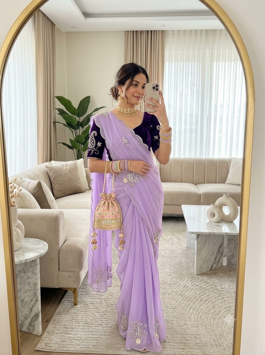 SM Maharani Pure Soft Shimmer Silk Saree with Hand Cutdana Moti Work and Velvet Blouse