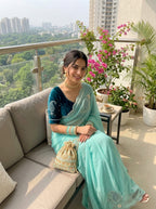SM Maharani Pure Soft Shimmer Silk Saree with Hand Cutdana Moti Work and Velvet Blouse