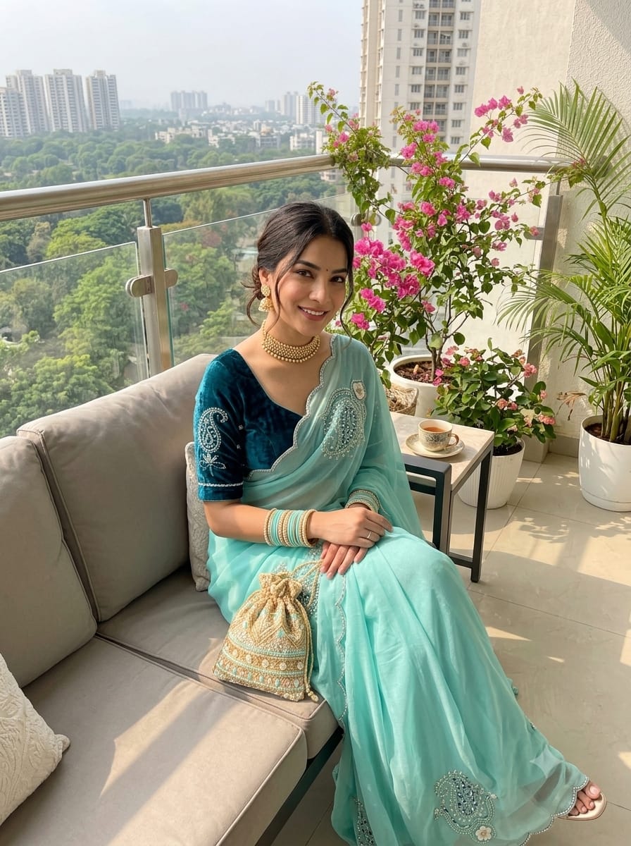 SM Maharani Pure Soft Shimmer Silk Saree with Hand Cutdana Moti Work and Velvet Blouse