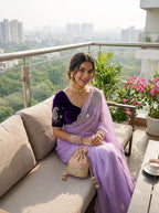 SM Maharani Pure Soft Shimmer Silk Saree with Hand Cutdana Moti Work and Velvet Blouse