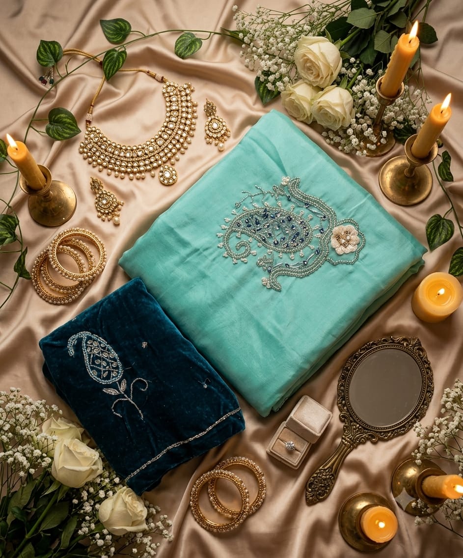SM Maharani Pure Soft Shimmer Silk Saree with Hand Cutdana Moti Work and Velvet Blouse