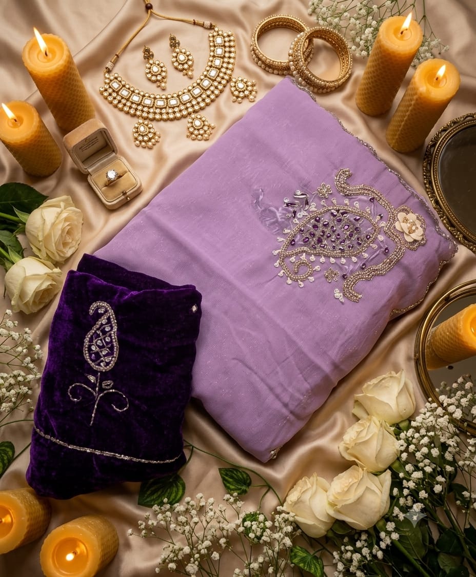 SM Maharani Pure Soft Shimmer Silk Saree with Hand Cutdana Moti Work and Velvet Blouse