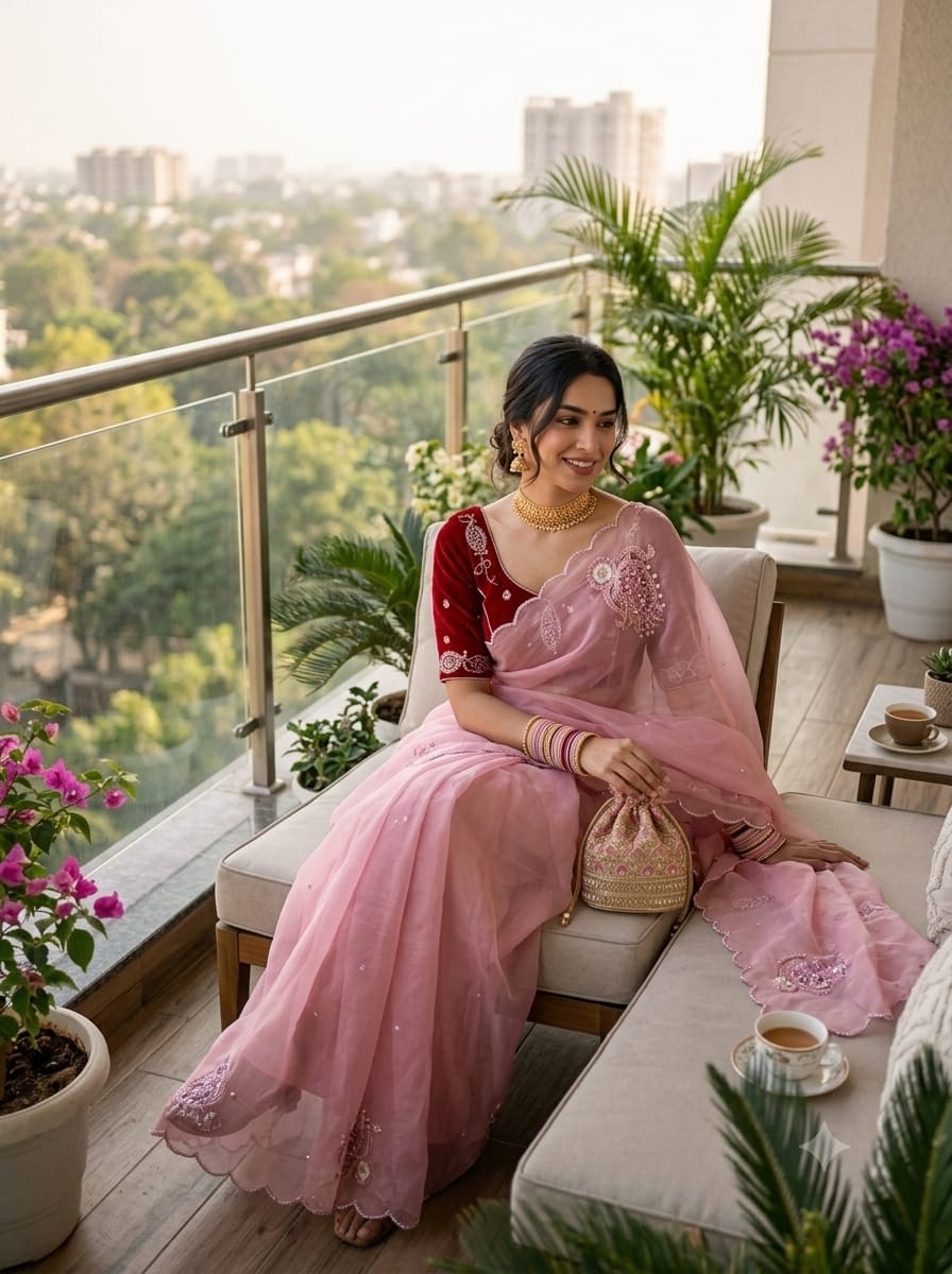 SM Maharani Pure Soft Shimmer Silk Saree with Hand Cutdana Moti Work and Velvet Blouse