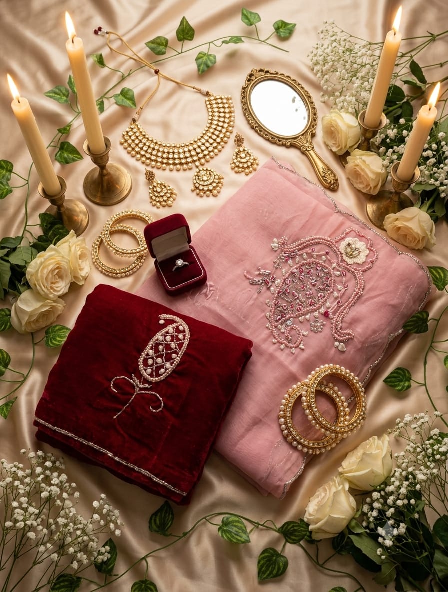 SM Maharani Pure Soft Shimmer Silk Saree with Hand Cutdana Moti Work and Velvet Blouse