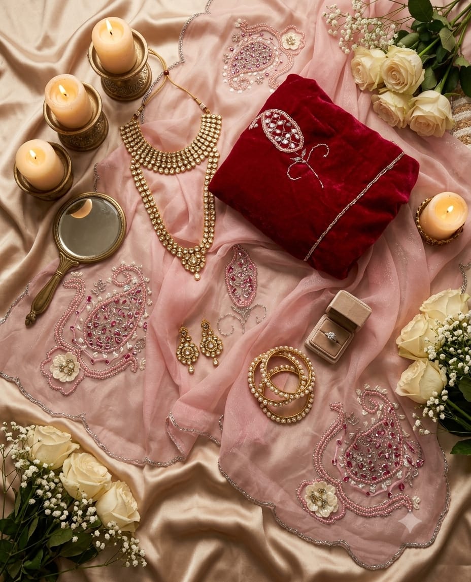 SM Maharani Pure Soft Shimmer Silk Saree with Hand Cutdana Moti Work and Velvet Blouse