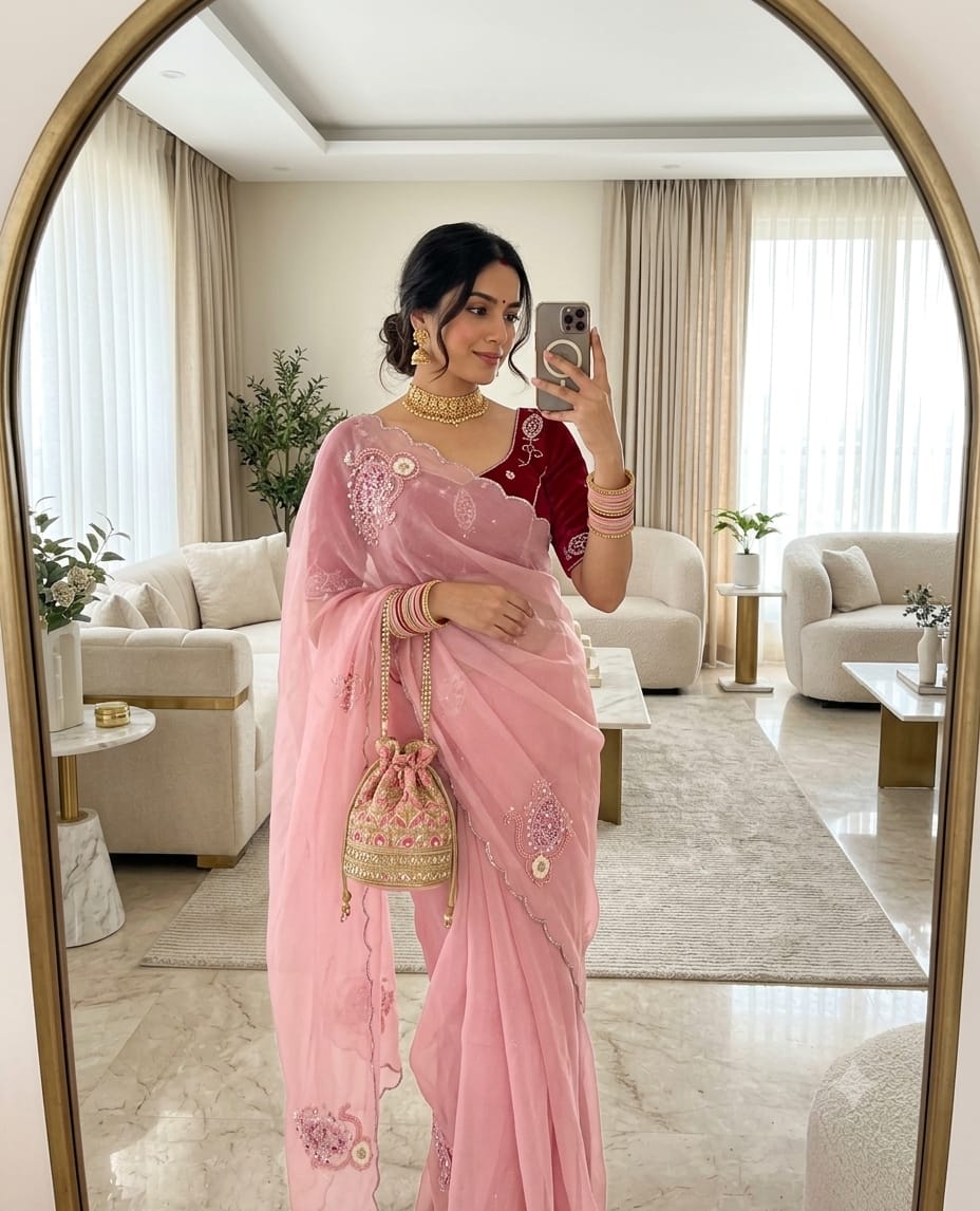 SM Maharani Pure Soft Shimmer Silk Saree with Hand Cutdana Moti Work and Velvet Blouse