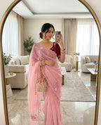 SM Maharani Pure Soft Shimmer Silk Saree with Hand Cutdana Moti Work and Velvet Blouse