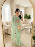 SM Maharani Pure Soft Shimmer Silk Saree with Hand Cutdana Moti Work and Velvet Blouse