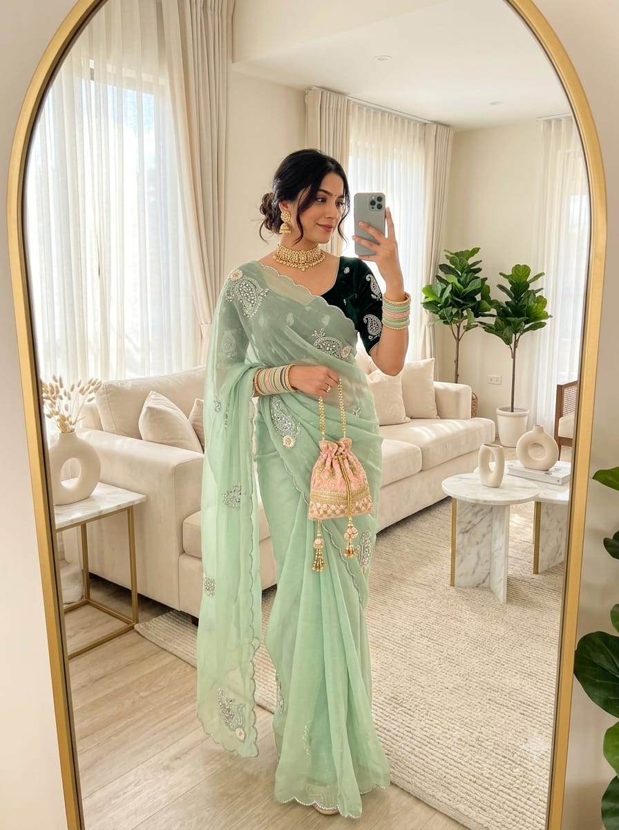 SM Maharani Pure Soft Shimmer Silk Saree with Hand Cutdana Moti Work and Velvet Blouse