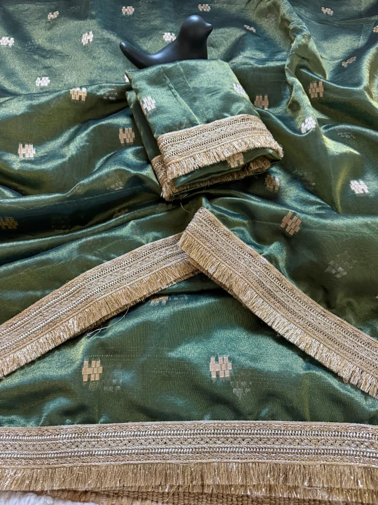 SM Premium Tussar Silk Saree with Woven Jacquard Buti & Sabyasachi-Inspired Designer Lace Border